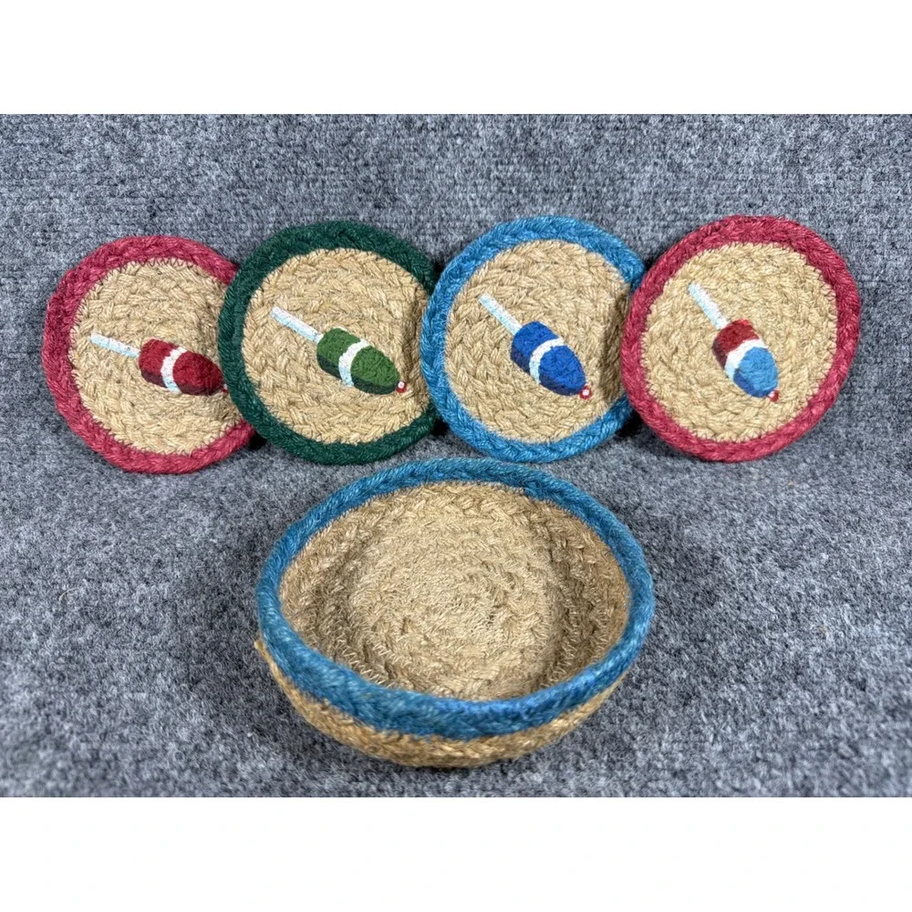 Nautical Braided Jute Coaster Set with Storage Basket Buoy painted 5pc Set Beach